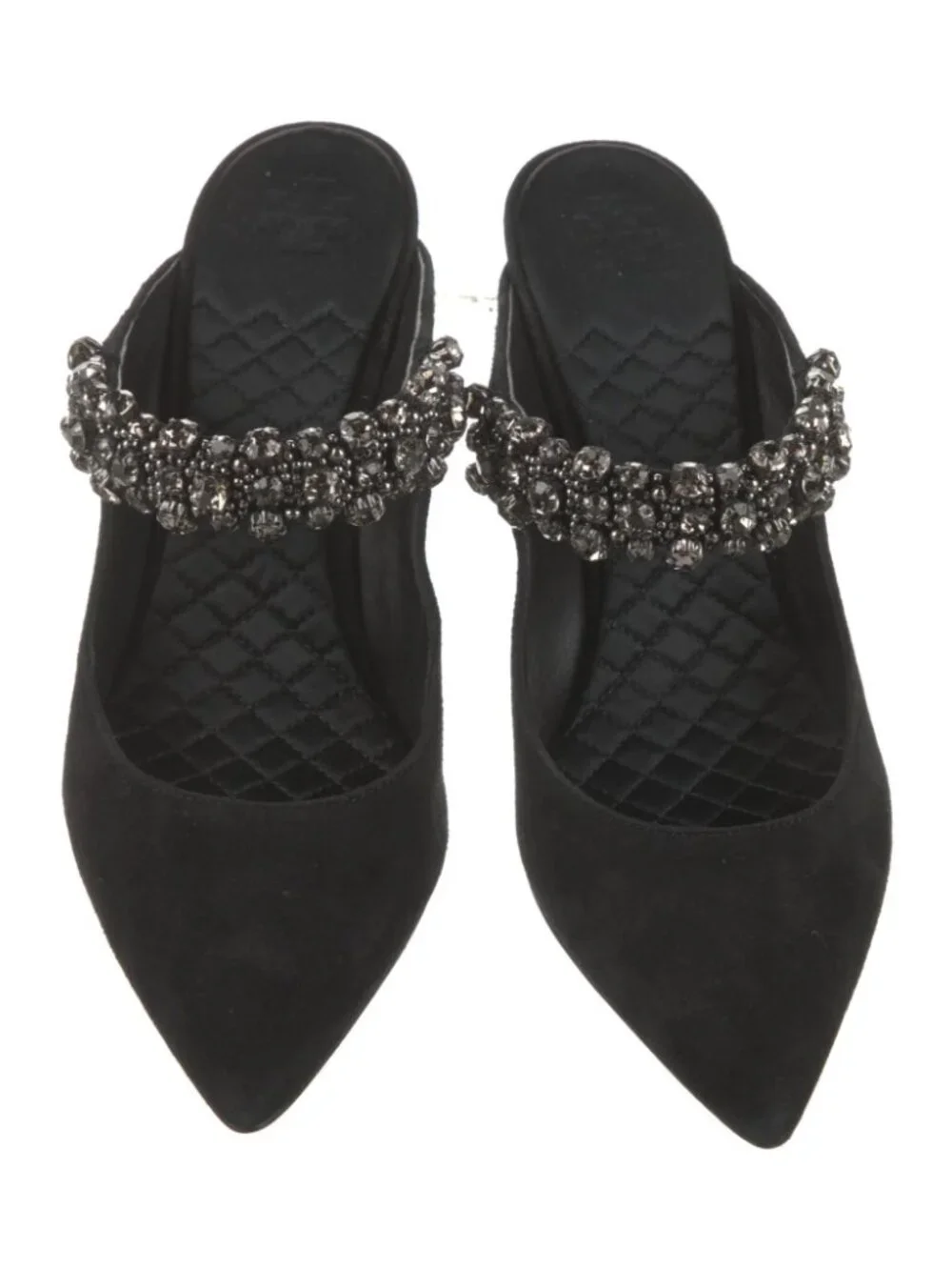 Tory Burch Black Suede Crystal Embellished Pointed Toe Mule Stiletto Heel Size 9